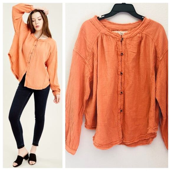 We The Free Tops - Free People Moving Mountains Oversized Shirt Long Sleeve Raw Hem Size S